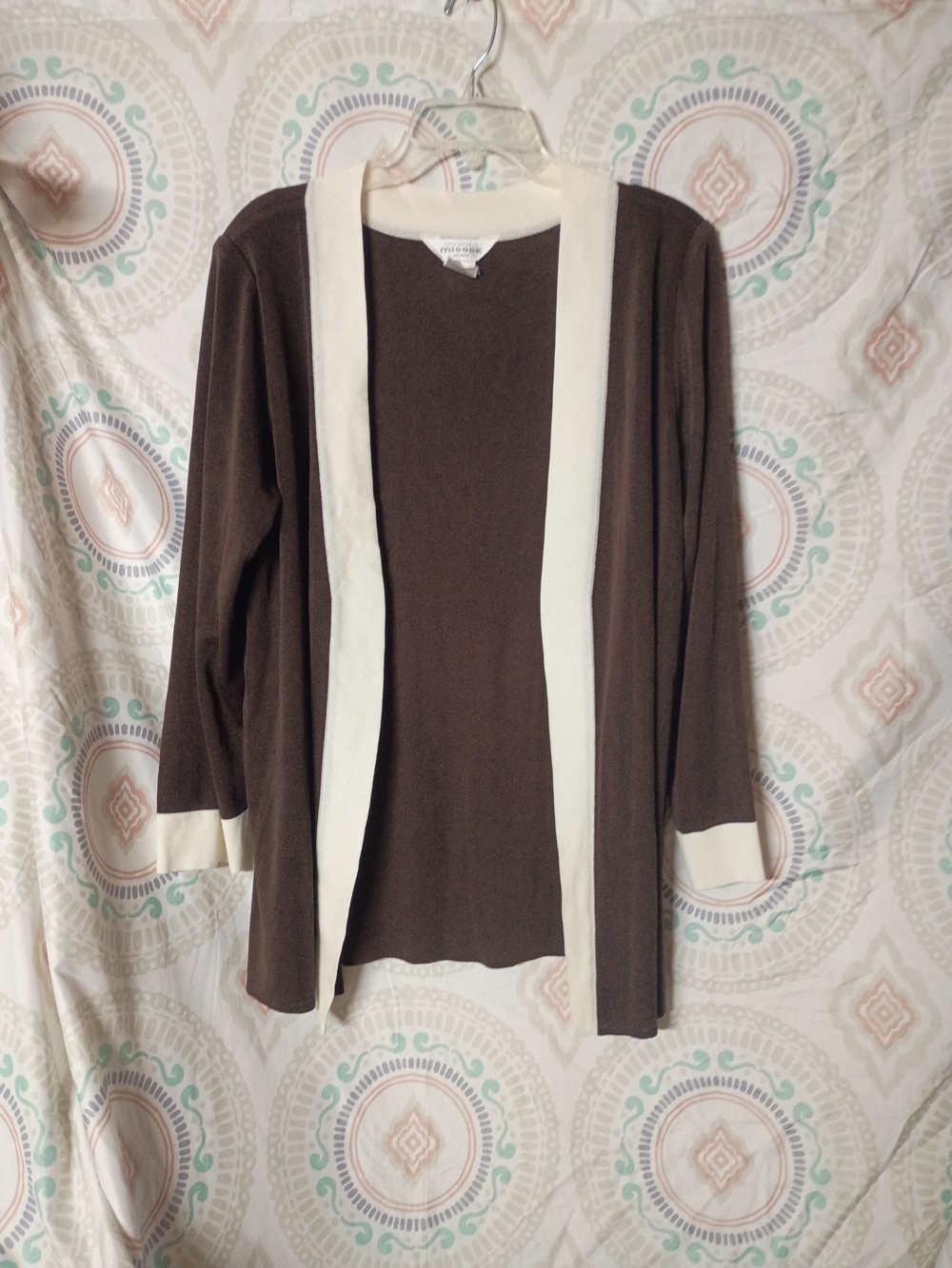 Misook Brown Cardigan with Cream Trim Accents